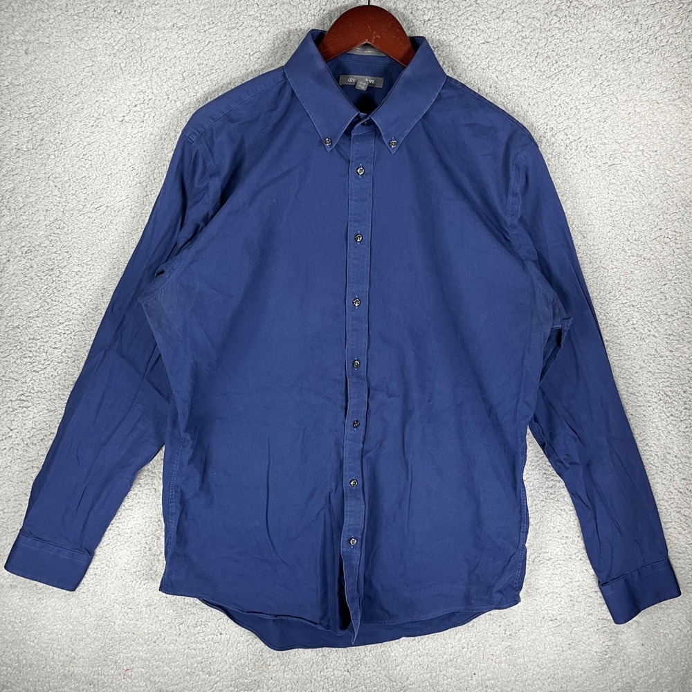 Dress Shirt Mens 17 36-37 Trim Fit Navy Blue Non-Iron 100% Cotton Button Down